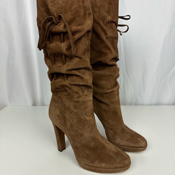 New Moschino Boho Brown Suede Leather Heeled Boots Size 7.5 - Picture 2 of 10